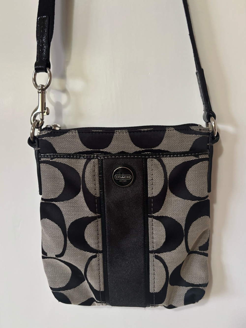 Coach| Black & Grey Signature Monogram 8” Small Crossbody Bag Canvas & Leather